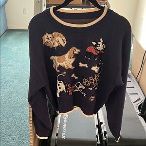 Cider blue cropped knit sweater w/ dogs (front) & beige trim in Small